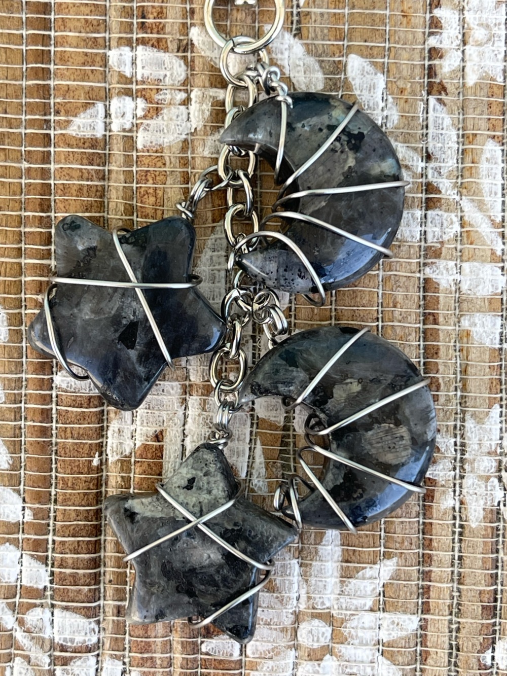 Larvikite Black Moon & Star Bag Charm w/Silver Flash